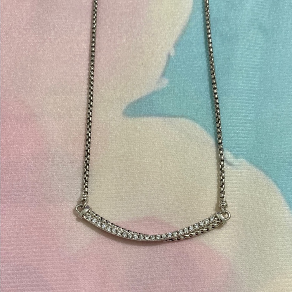 D.Y Sterling Silver Crossover Bar Necklace Pave Diamonds